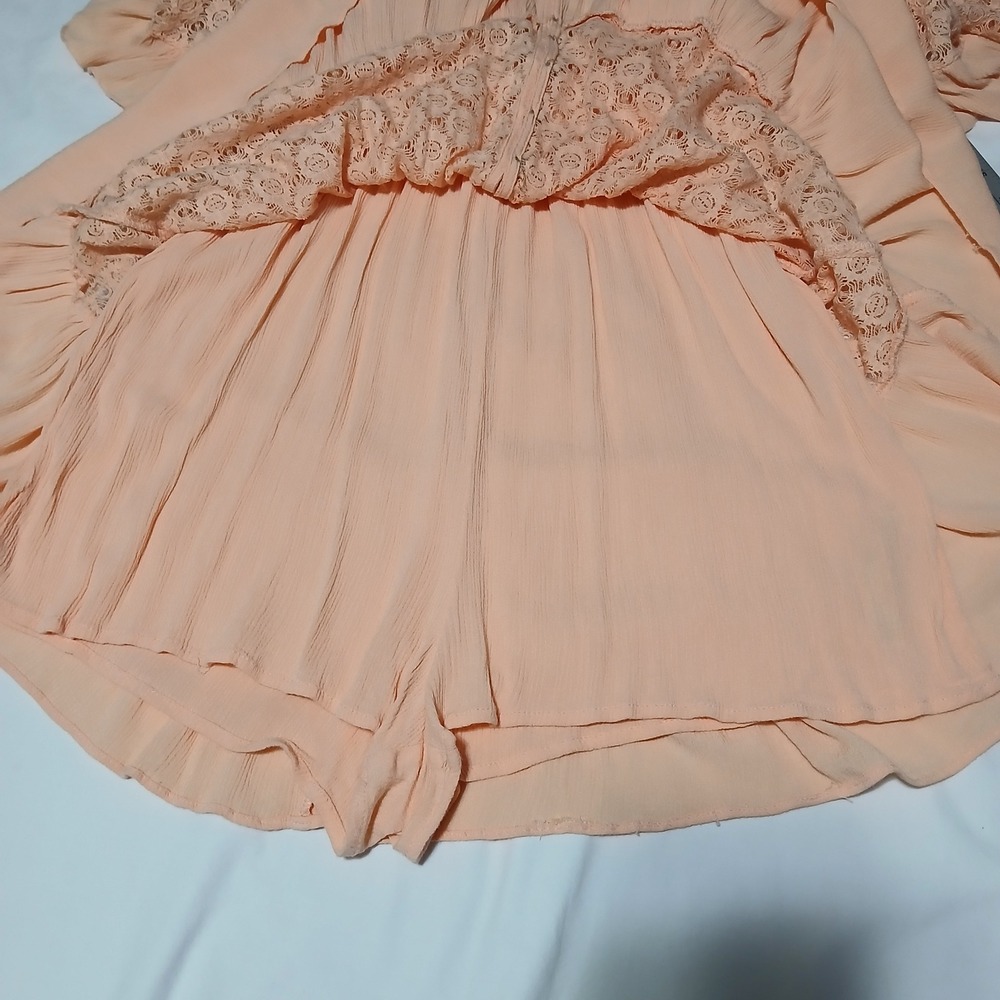 Free People Lace Bell Sleeve Romper Pink Boho V-Neck Open Back Large - Picture 8 of 14